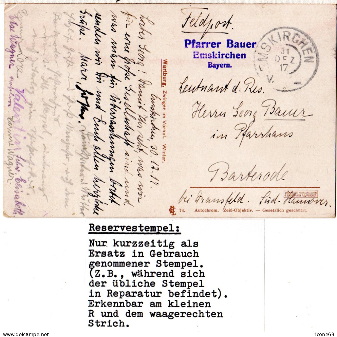 Bayern 1917, Reservestempel EMSKIRCHEN R Auf Feldpost-AK - Storia Postale