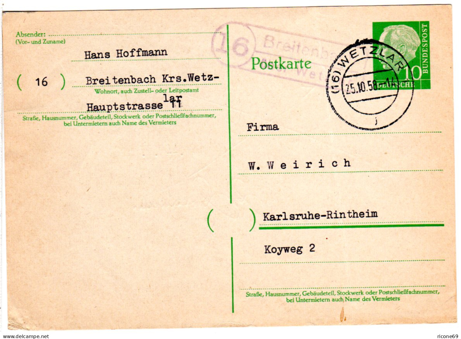 BRD 1958, Landpost Stpl. 16 BREITENBACH über Wetzlar Auf 10 Pf. Ganzsache - Sammlungen