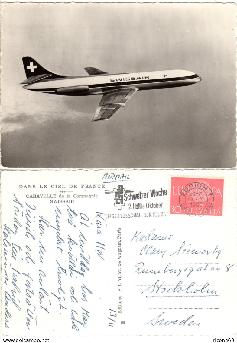 Schweiz, Swissair Caravelle, Sw-Flugzeug-AK Per Luftpost V. Zürich N. Schweden - Storia Postale