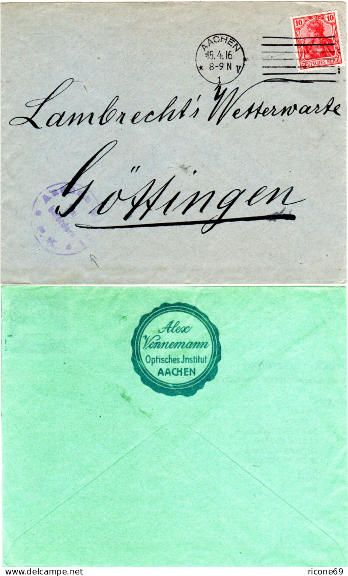 DR 1916, 10 Pf. Germania Auf Firmen Brief M. Aachen Zensur N. Göttingen - Briefe U. Dokumente