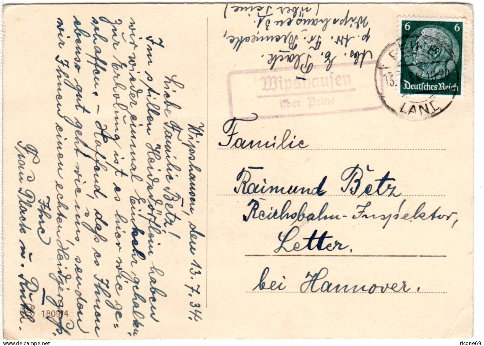 DR 1934, Landpost Stpl. WIPSHAUSEN über Peine Auf Karte M. 6 Pf.  - Lettres & Documents