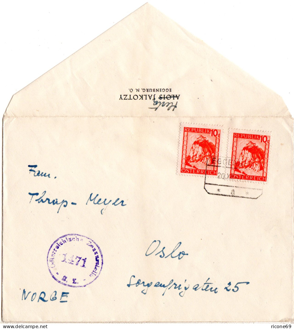 Österreich 1947, MeF 2x 10 G. Auf Zensur Drucksache V. Eggenburg N. Norwegen - Brieven En Documenten