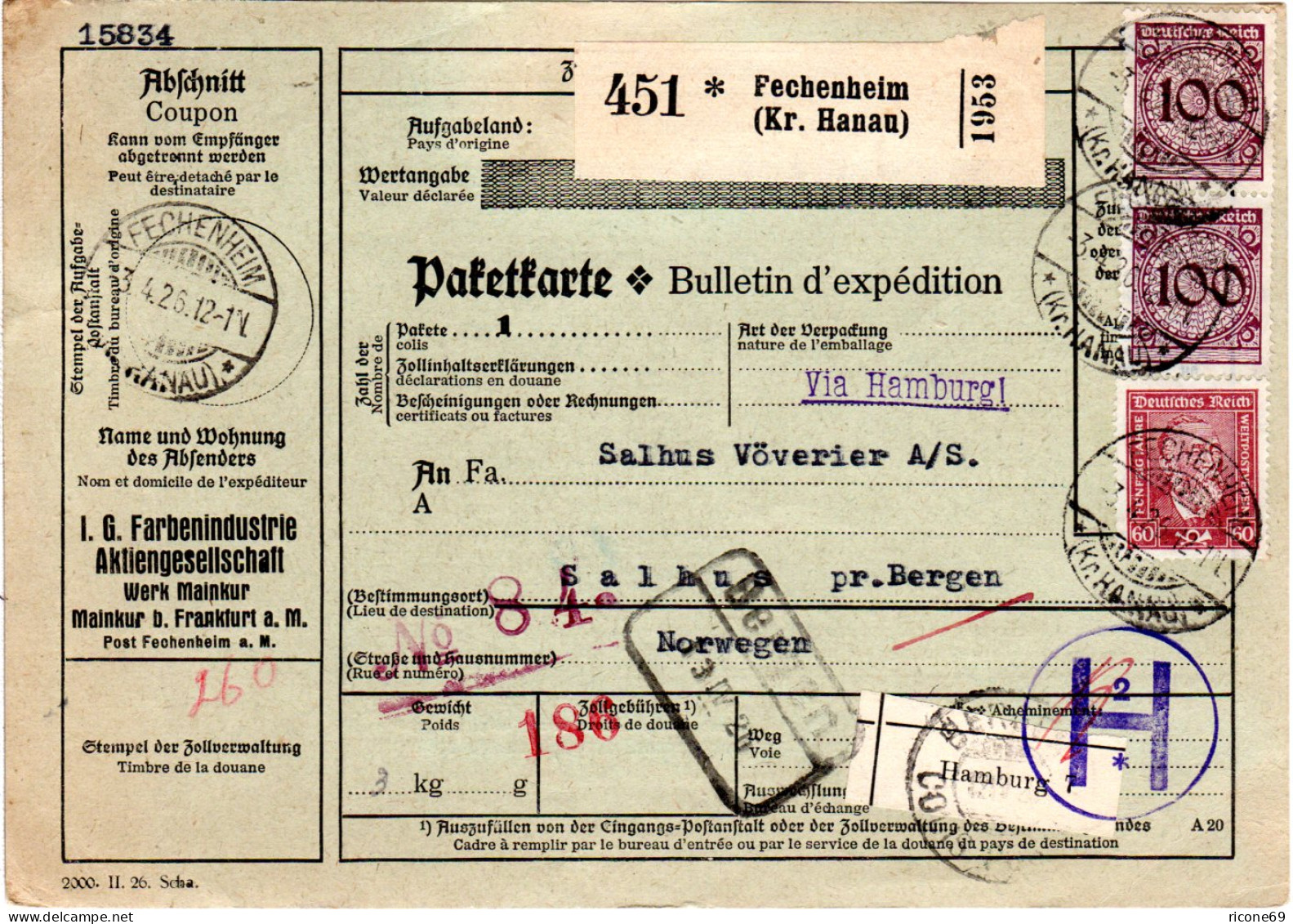 DR 1926, 60+2x100 Pf. Auf Paketkarte V. Fechenheim Via Hamburg N. Norwegen  - Storia Postale