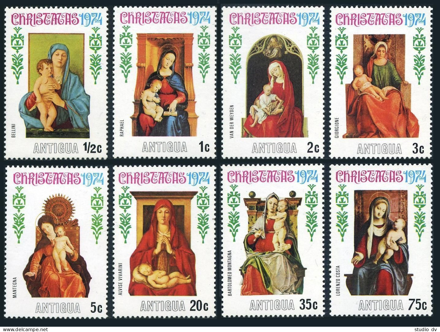 Antigua 353-360, MNH. Christmas 1974. Bellini, Raphael,Van Der Weyden, Mantegna, - Antigua Und Barbuda (1981-...)