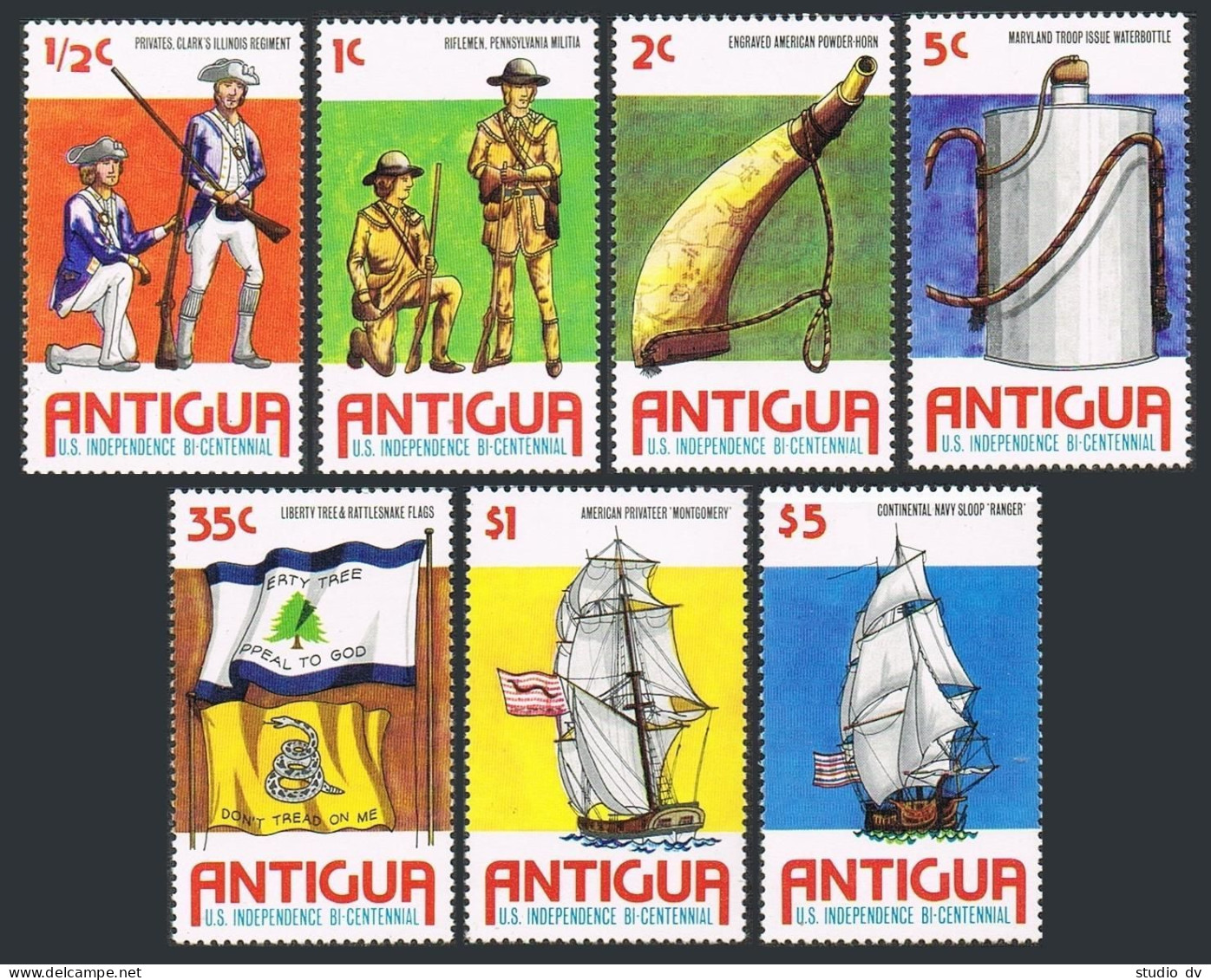 Antigua 423-430, Hinged. Mi 417-423, Bl.24. American Bicentennial,1976. Infantry - Antigua And Barbuda (1981-...)