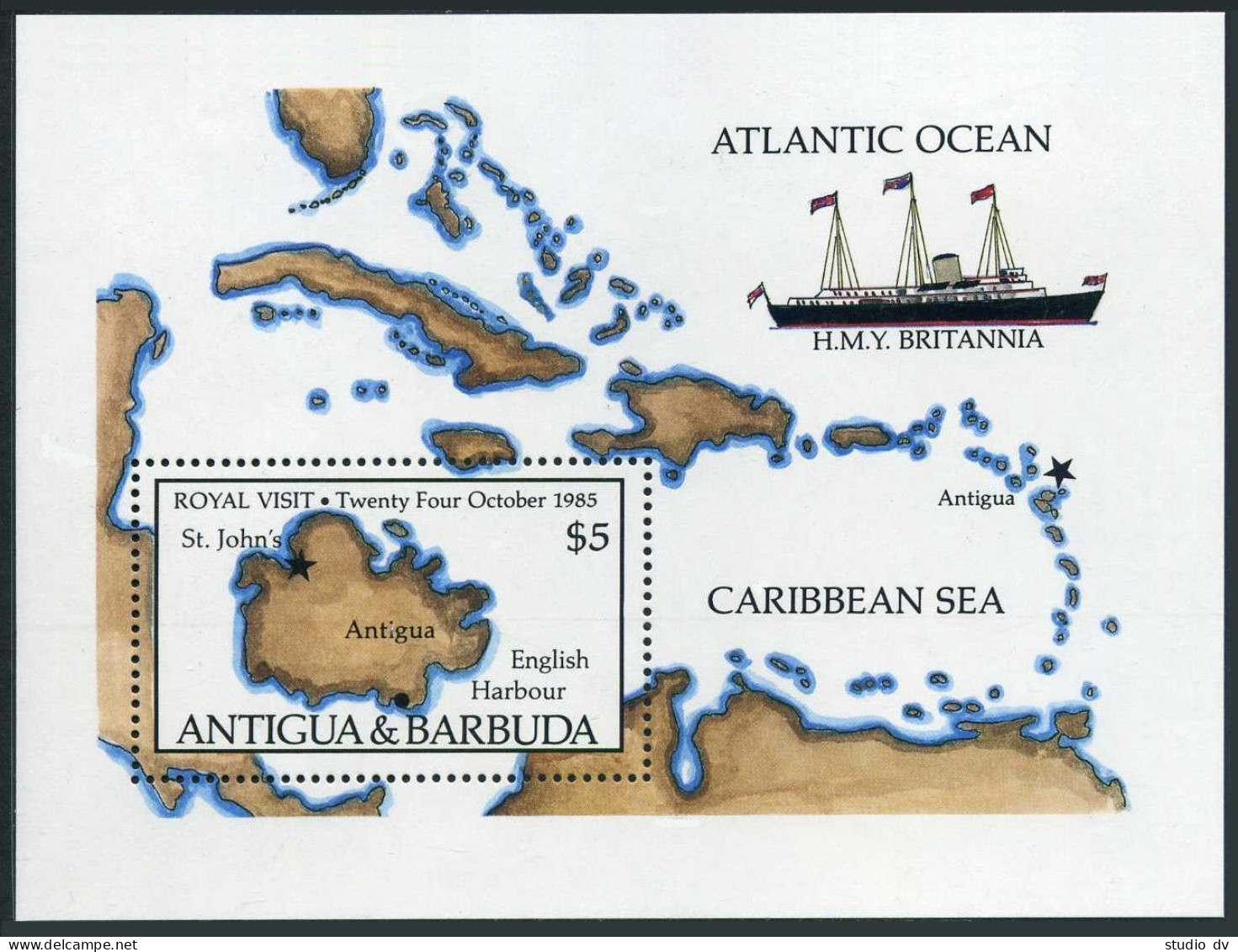 Antigua 889, MNH. Mi 898 Bl.100. Queen Elizabeth II Visit, 1985. Map, BRITANNIA. - Antigua Et Barbuda (1981-...)