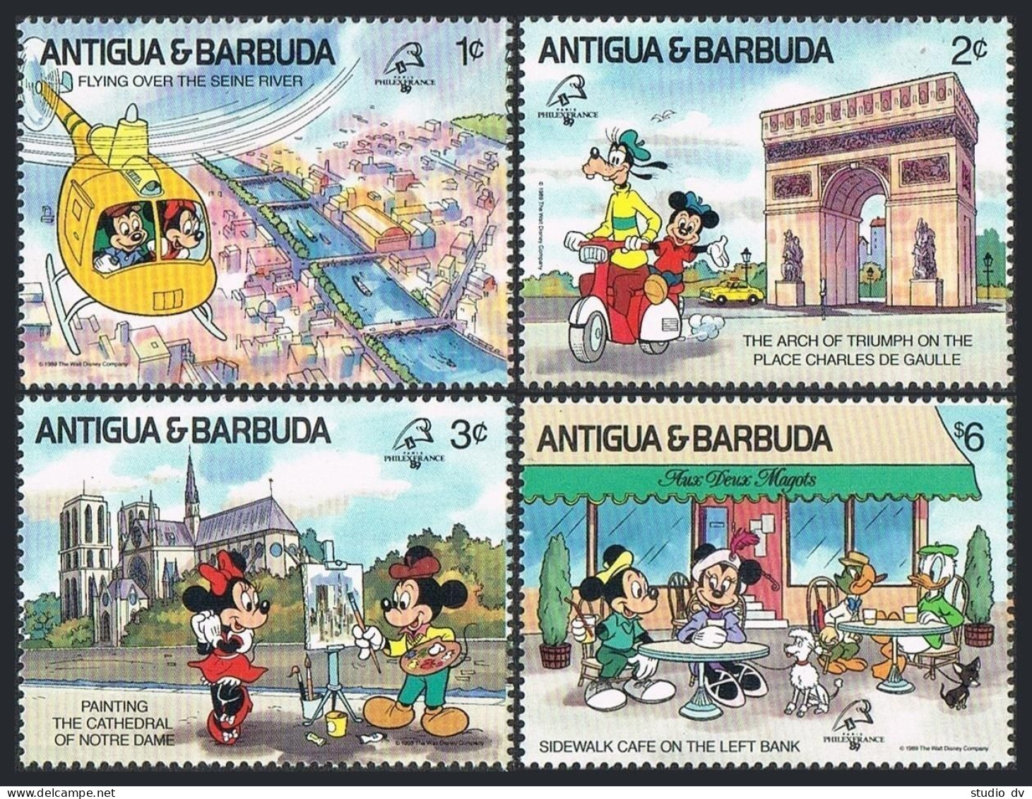 Antigua 1207-1209, 1214, MNH. Mi 1242-1244,1249. PHILEXFRANCE-1989. Walt Disney. - Antigua And Barbuda (1981-...)