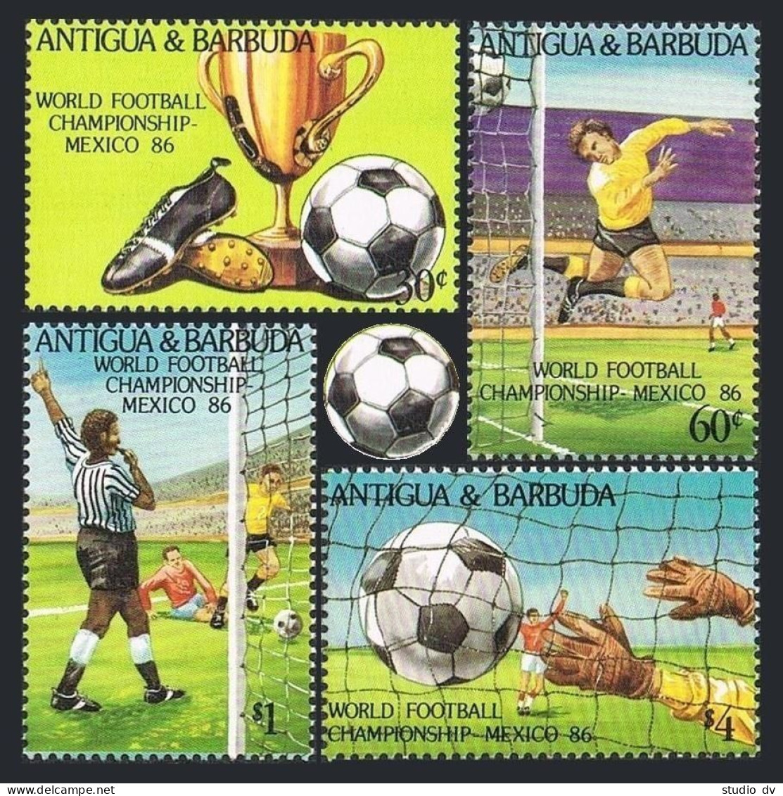 Antigua 915-918, 919, MNH. Michel 925-928,Bl.106. World Soccer Cup Mexico-1986. - Antigua Y Barbuda (1981-...)