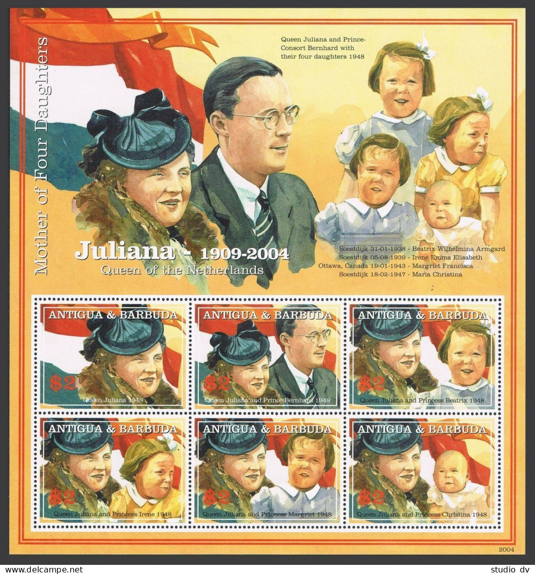 Antigua 2774 Af Sheet,MNH. Queen Juliana Of The Netherlands,2004.Royal Family. - Antigua And Barbuda (1981-...)