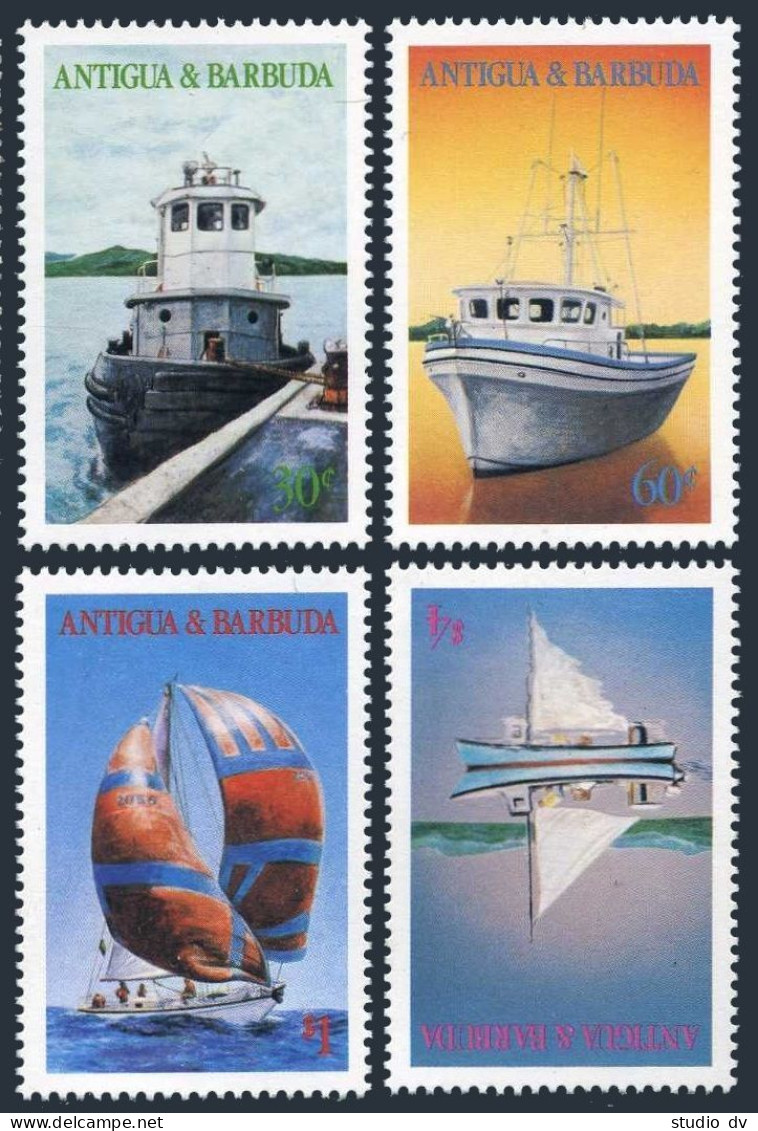 Antigua 929-932, 933, MNH. Boats 1986. Tugboat, Sailboat,Yachts, Boat-building. - Antigua And Barbuda (1981-...)