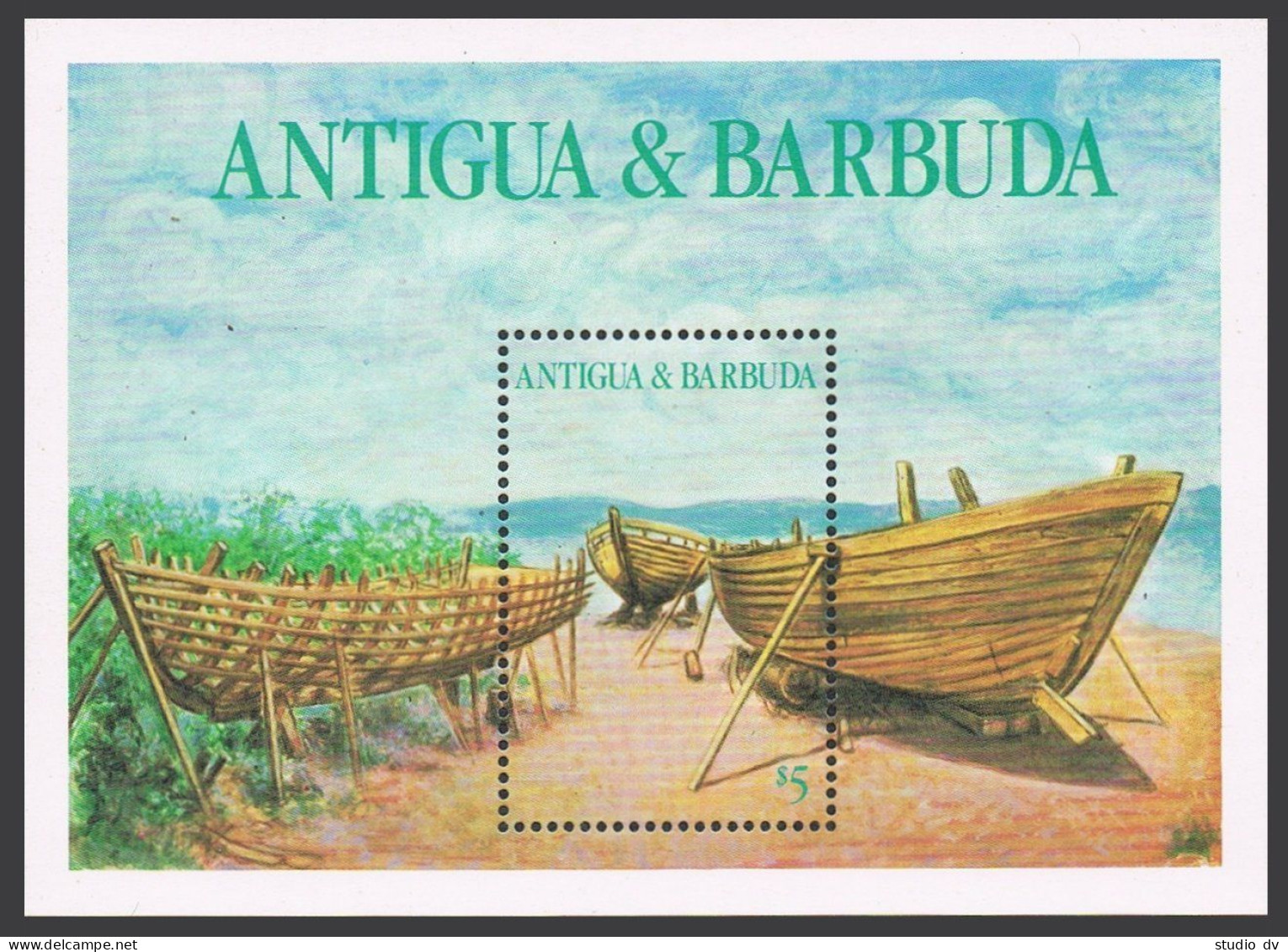 Antigua 929-932, 933, MNH. Boats 1986. Tugboat, Sailboat,Yachts, Boat-building. - Antigua Und Barbuda (1981-...)