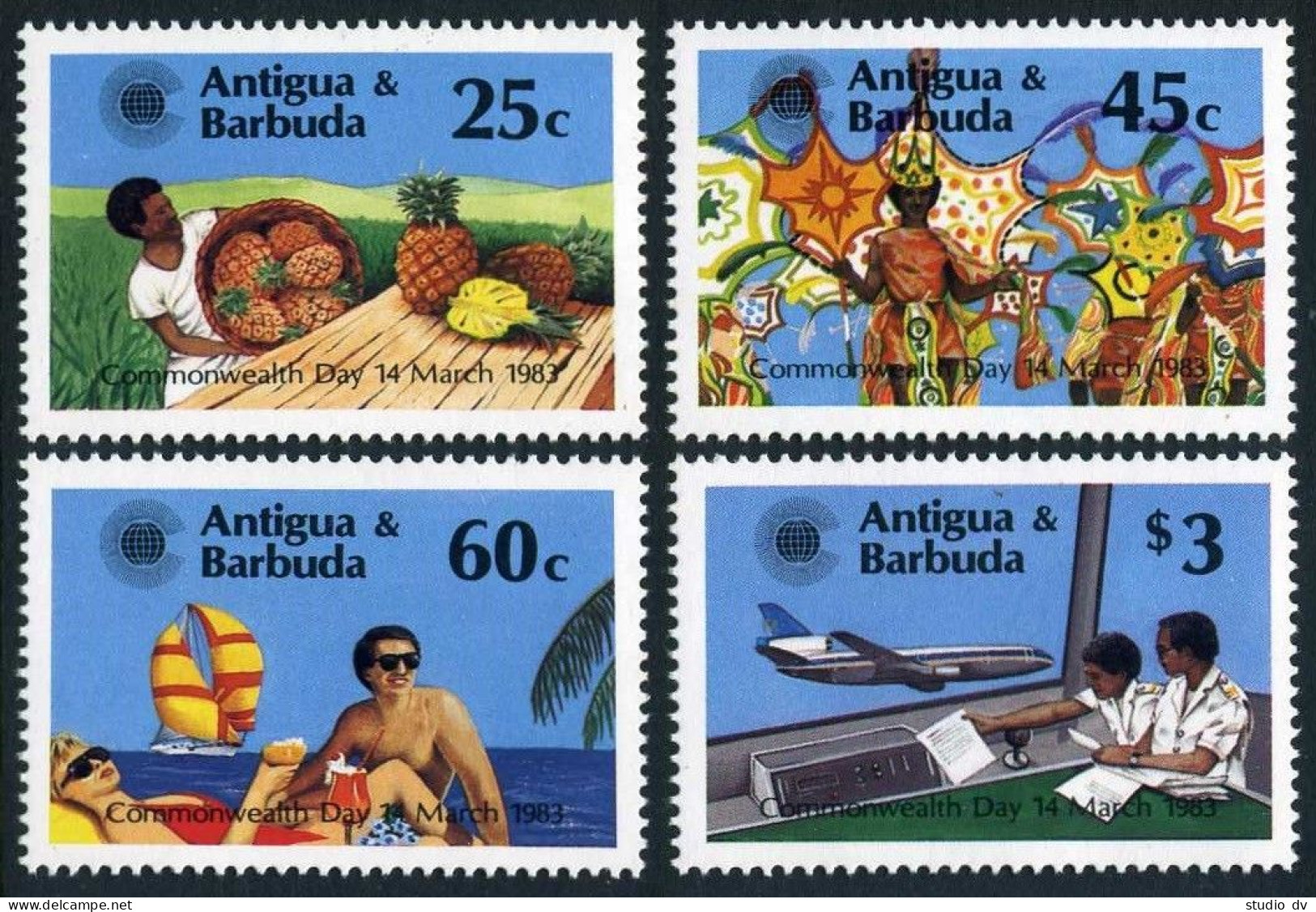 Antigua 694-697,MNH.Commonwealth Day 1983.Pineapple Crop,Carnival,Sailboat,Plane - Antigua Et Barbuda (1981-...)