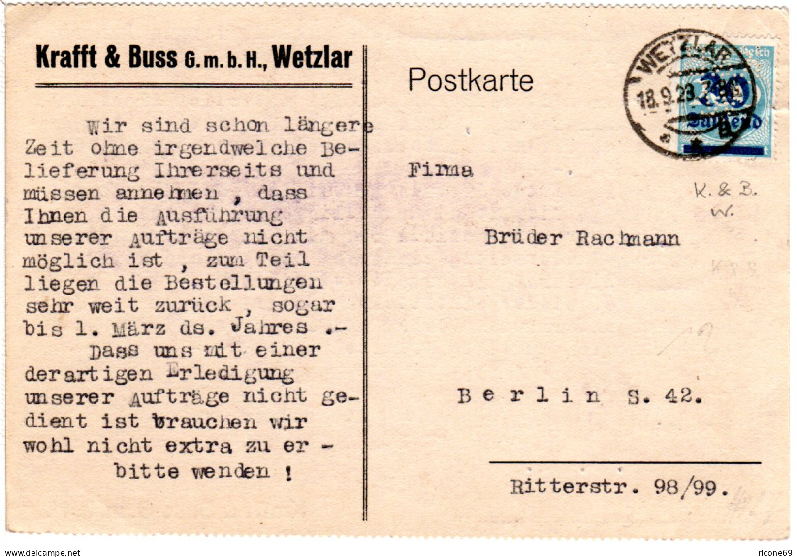 DR 1923, 30 T./200 Mk. M. Perfin Auf Firmenkarte V. Wetzlar - Autres & Non Classés