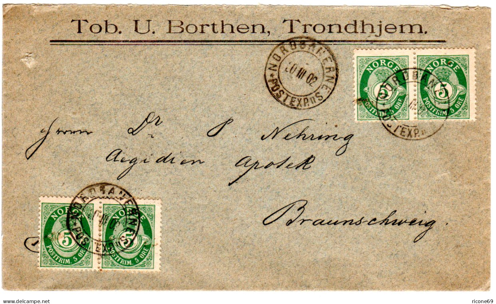 Norwegen 1902, MeF 4x5 öre Auf Firmen Brief V. Trondhjem N. Deutschland. - Covers & Documents