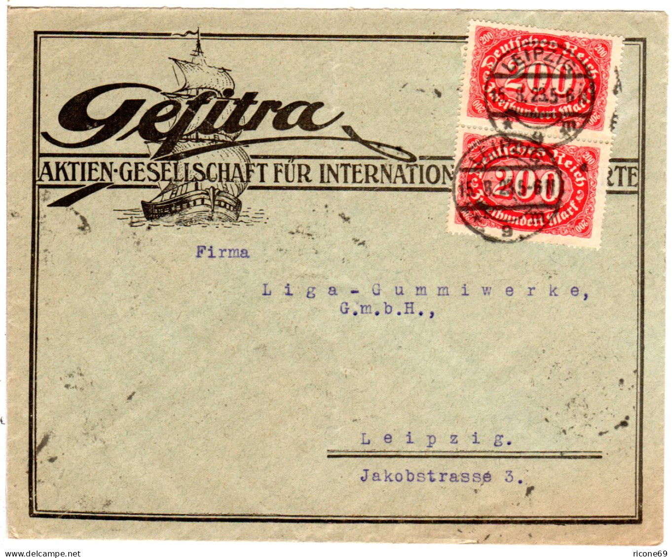 DR 1923, MeF 2x200 Mk. Auf Firmen Orts-Brief V. Leipzig - Storia Postale