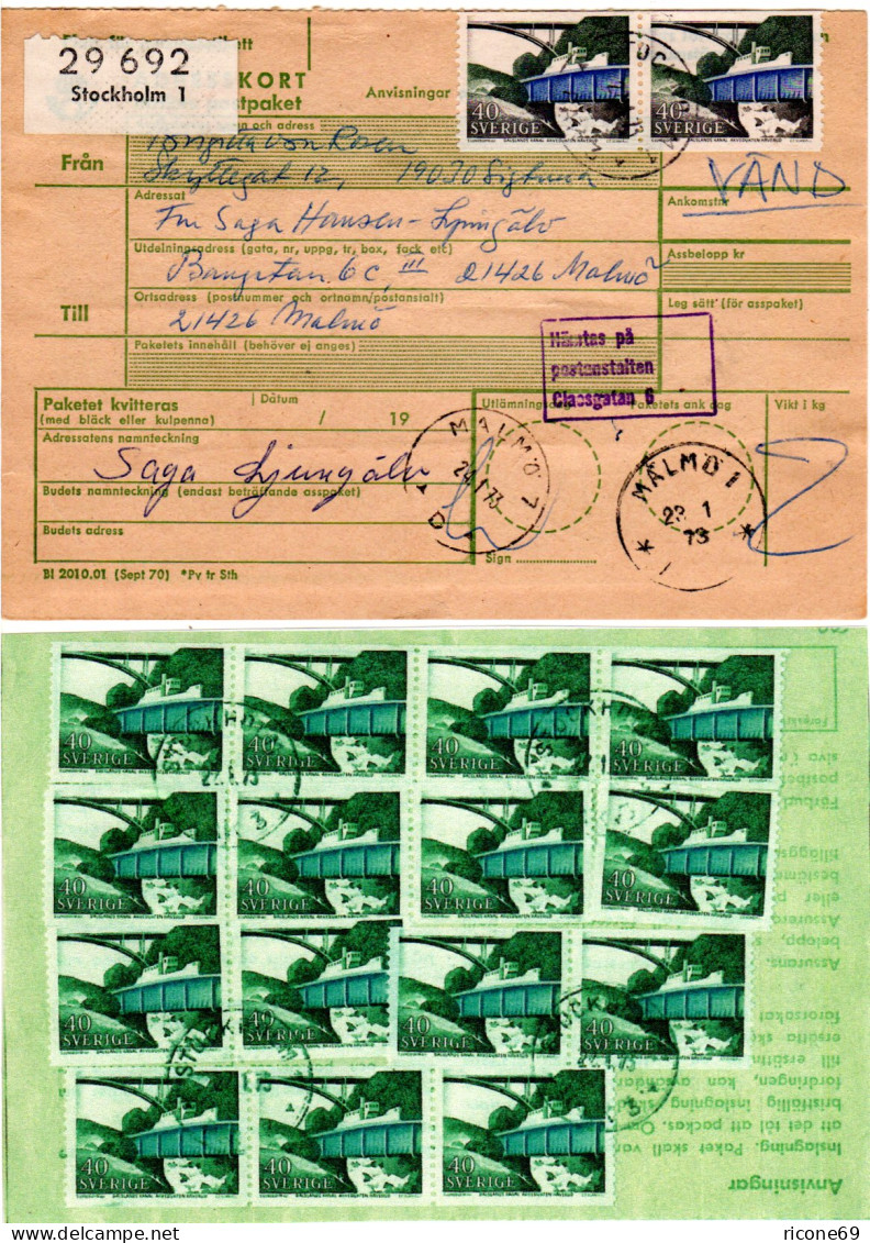 Schweden 1973, MeF 17x40 öre Dalslands Kanal Vorder- U. Rücks. Auf Paketkarte - Briefe U. Dokumente