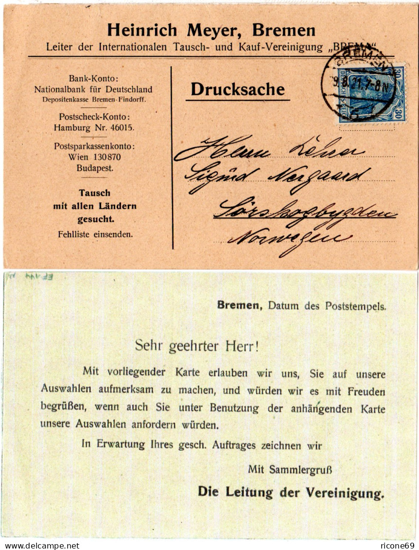 DR 1921, EF 30 Pf. Germania Auf Drucksachenkarte V. Bremen N. Norwegen. - Briefe U. Dokumente