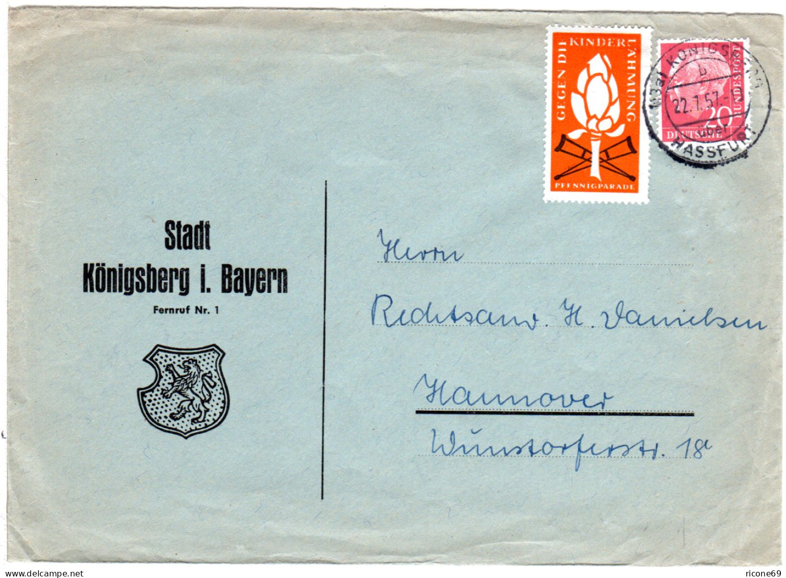 BRD 1957, 20 Pf. U. Kinderlähmumg-Vignette Auf Gemeinde Brief V. Königsberg Bay. - Lettres & Documents