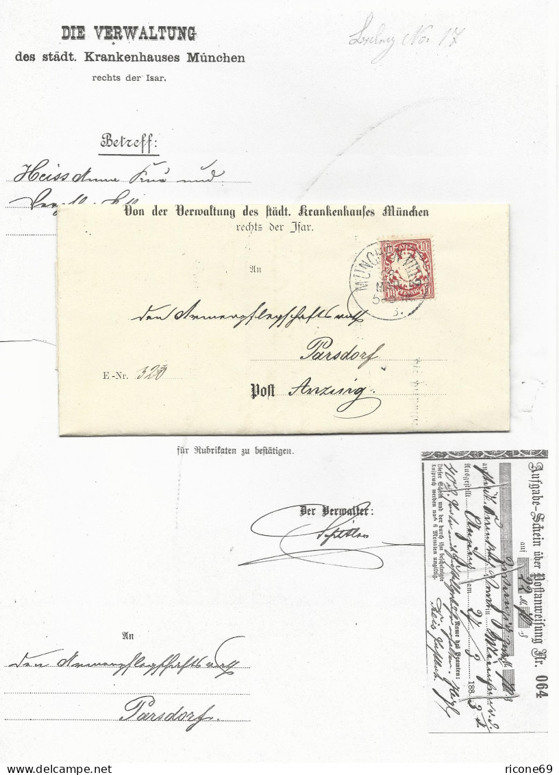 Bayern 1883, Brief M. 10 Pf. V. München VIII2 M. Innen Angeh. Postschein Anzing - Cartas & Documentos