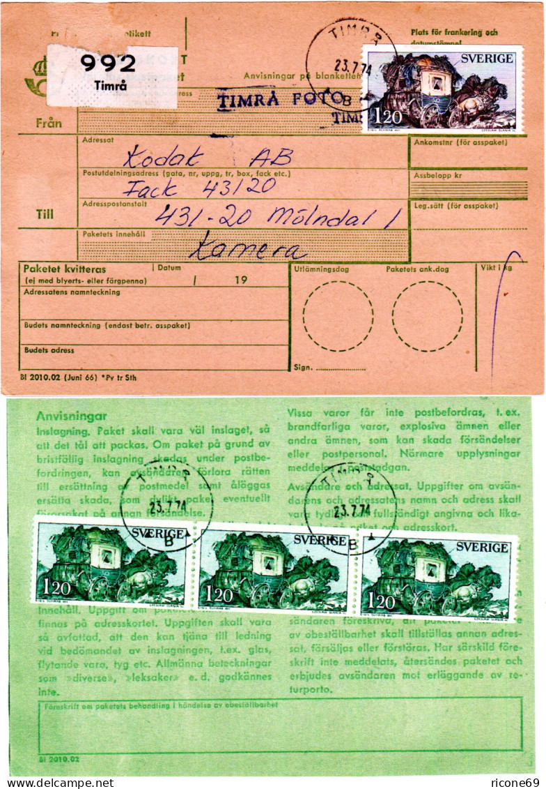 Schweden 1974, MeF 5x1 Kr. UPU Landbriefträger Vorder- U. Rücks. Auf Paketkarte - Lettres & Documents