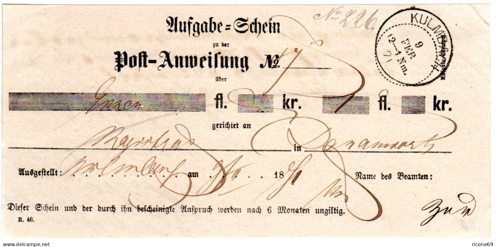 Bayern 1871, Postschein M. Klarem K1 KULMBACH - Lettres & Documents