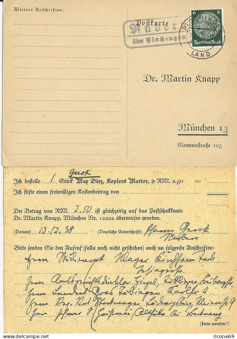 DR 1938, Nabern über Plochingen, Bestell Karte M. Landpost St.II Stpl.  - Lettres & Documents