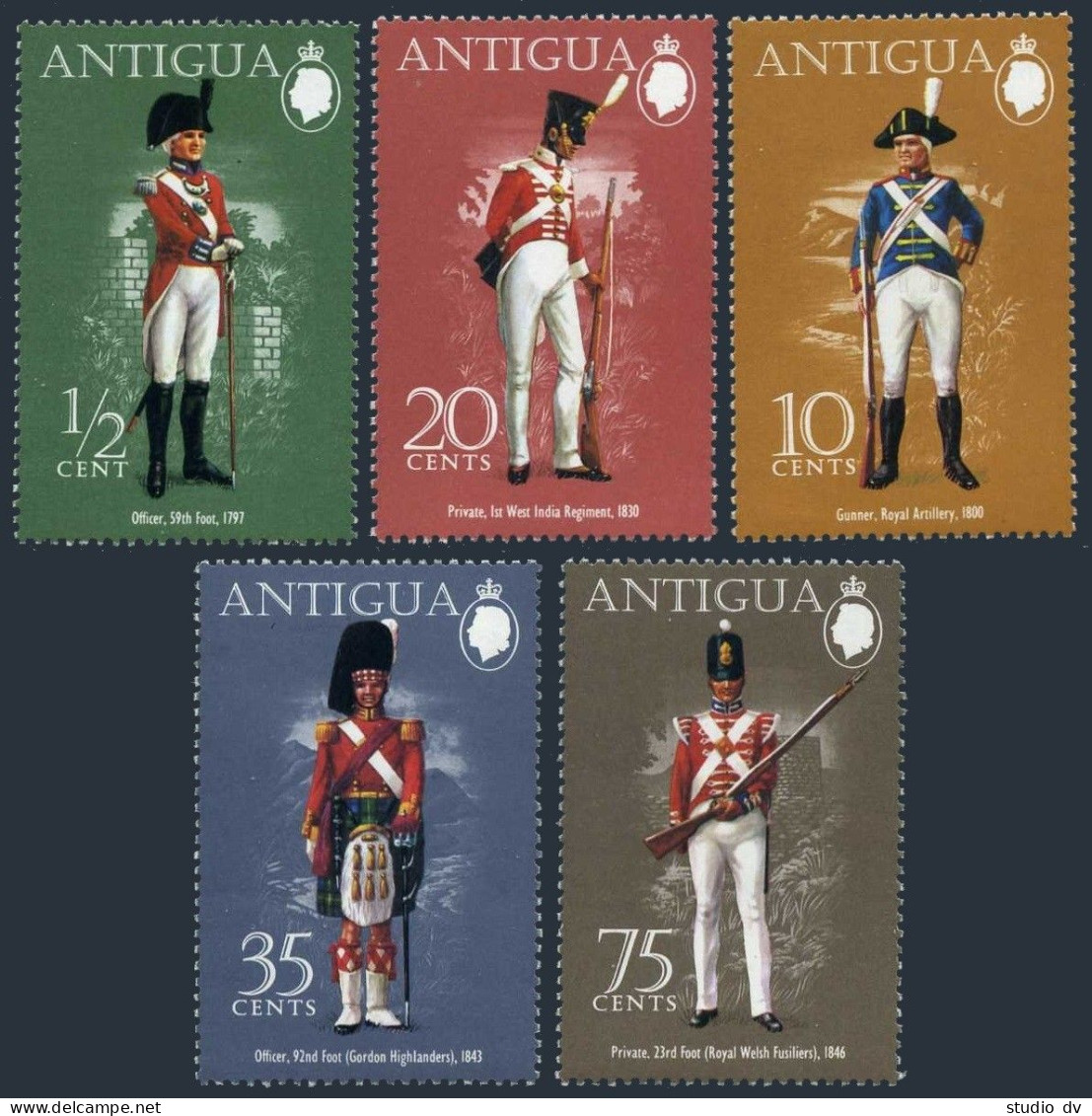 Antigua 329-333,333a Sheet, MNH. Mi 318-322, Bl.12. Military Uniforms 1974. Arms - Antigua En Barbuda (1981-...)