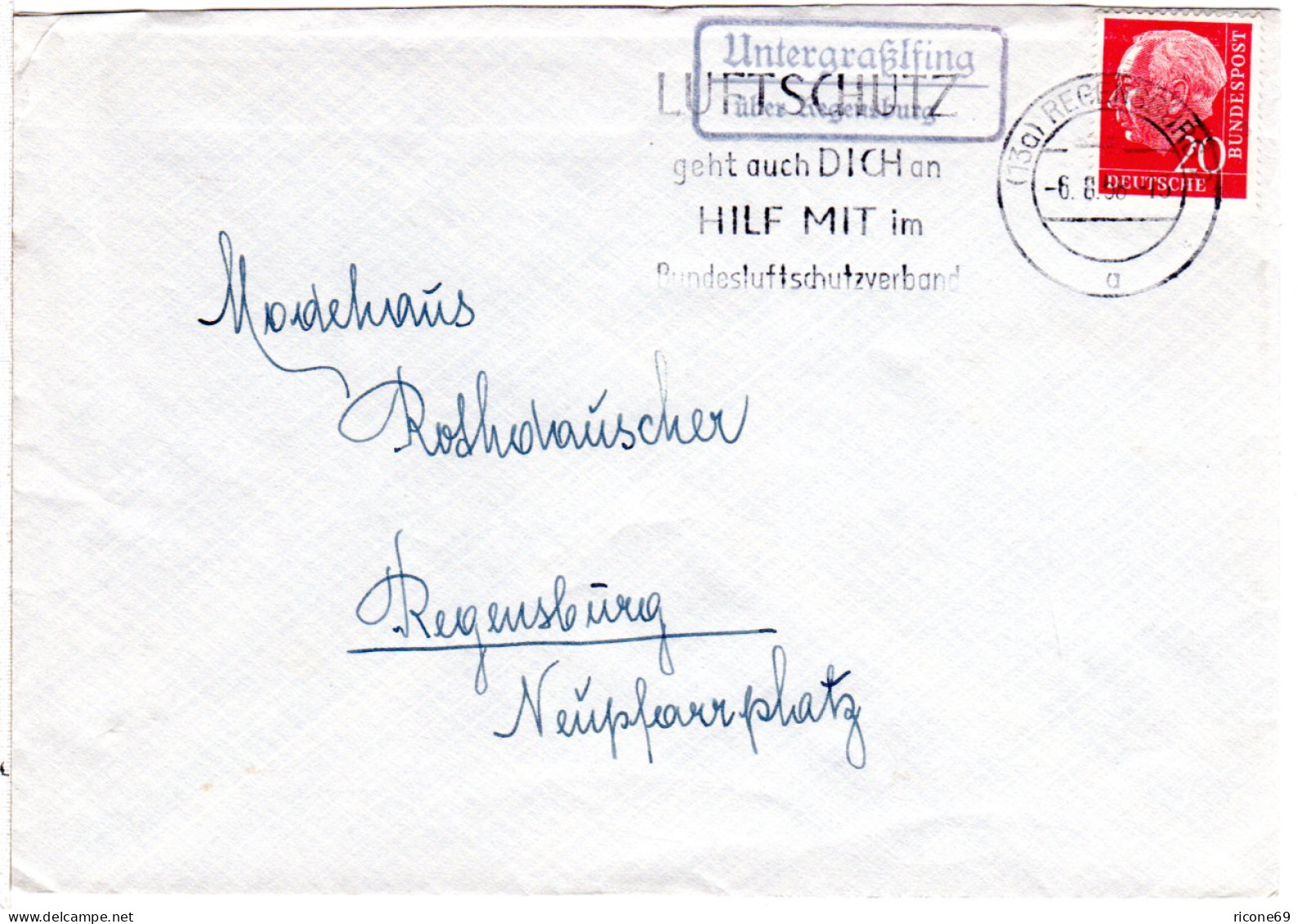 BRD 1958, Landpost Stpl. UNTERGRASSLFING über Regensburg Auf Brief M. 20 Pf. - Briefe U. Dokumente