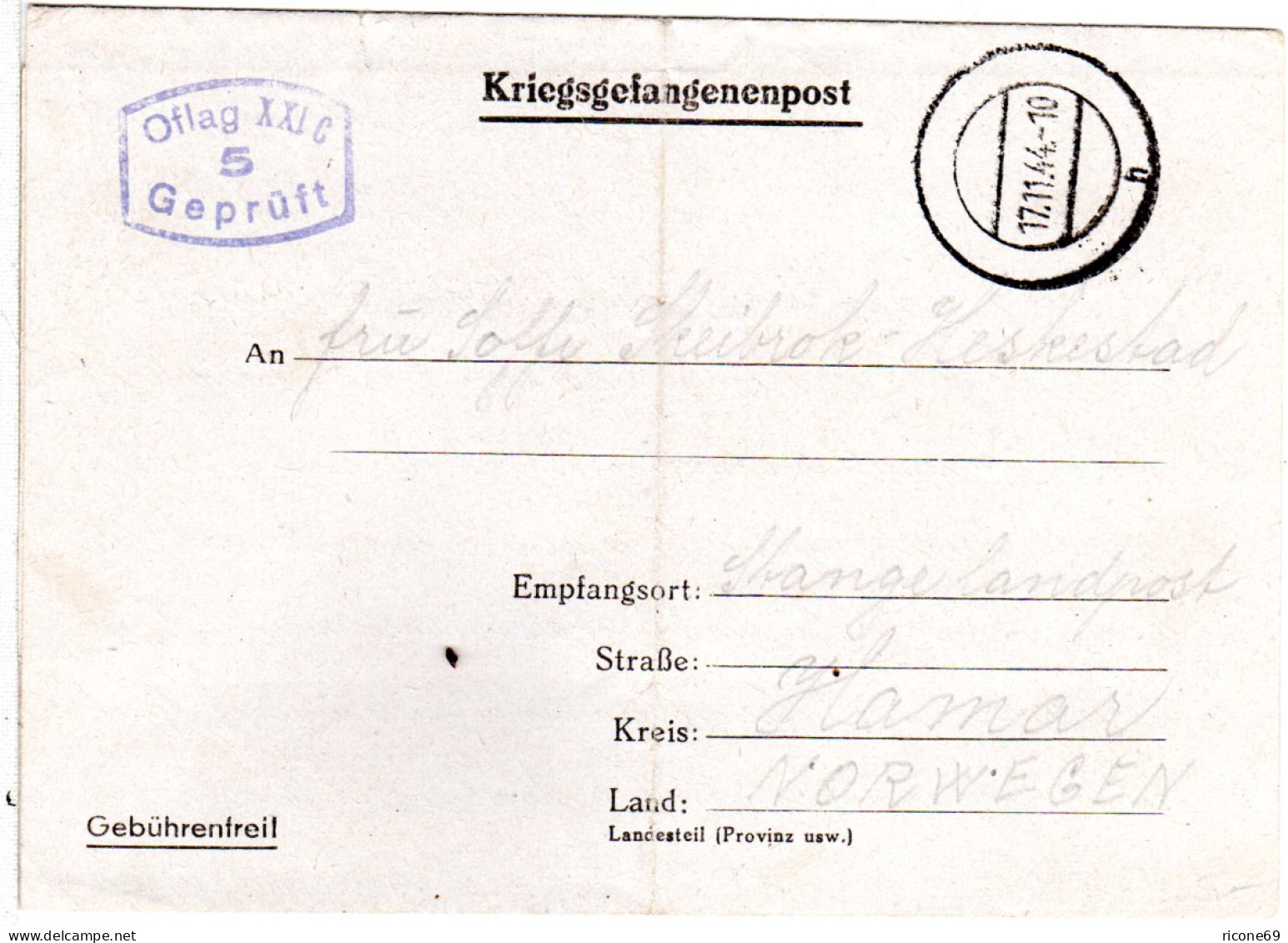 DR 1944, KGF Zensurbrief V. Oflag XXIc Schildberg, Wartheland N. Hamar, Norwegen - Feldpost World War II