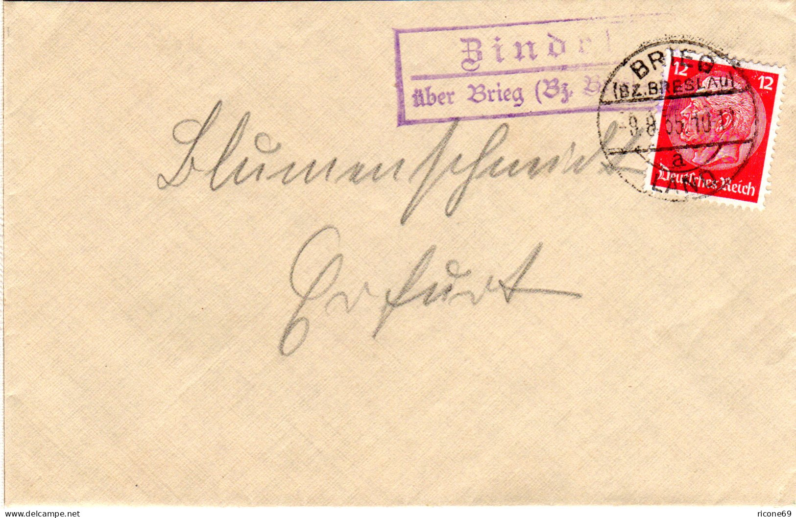 DR 1935, Landpost Stpl. ZINDEL über Brieg (Bz. Breslau) Auf Brief M. 12 Pf. - Covers & Documents
