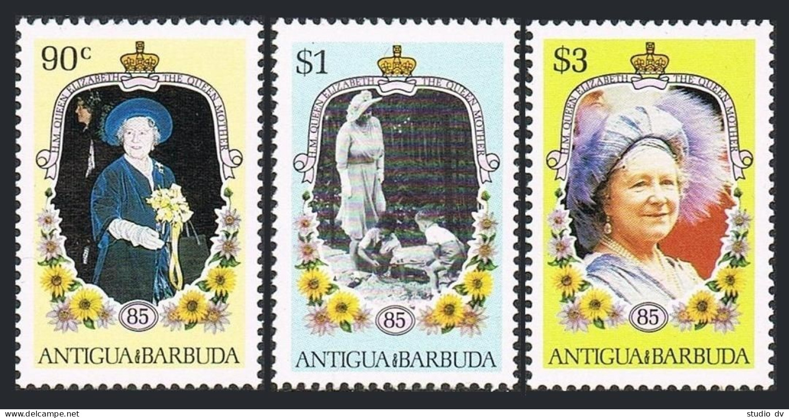 Antigua 867-869, Hinged. Michel 874, 876-877. Queen Mother Elizabeth-85, 1985. - Antigua En Barbuda (1981-...)