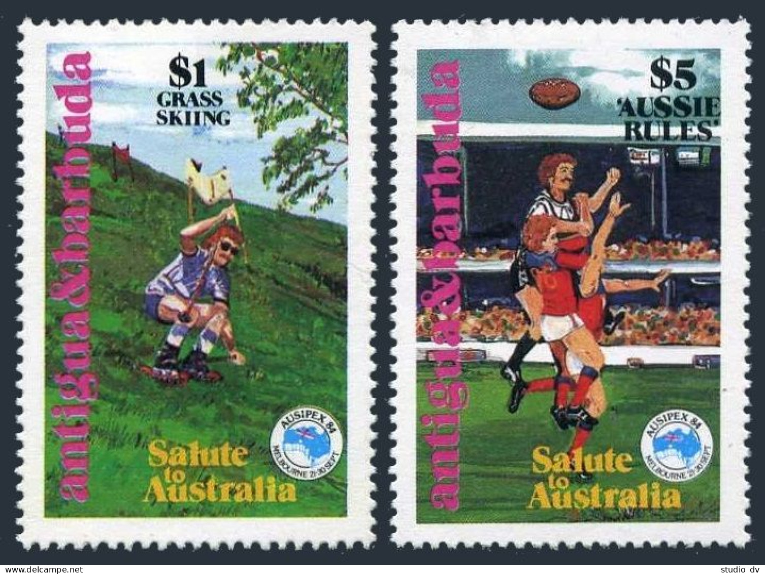 Antigua 779-780, Lightly Hinged. AUSIPEX-1984. Grass Skiing,Australian Football. - Antigua En Barbuda (1981-...)