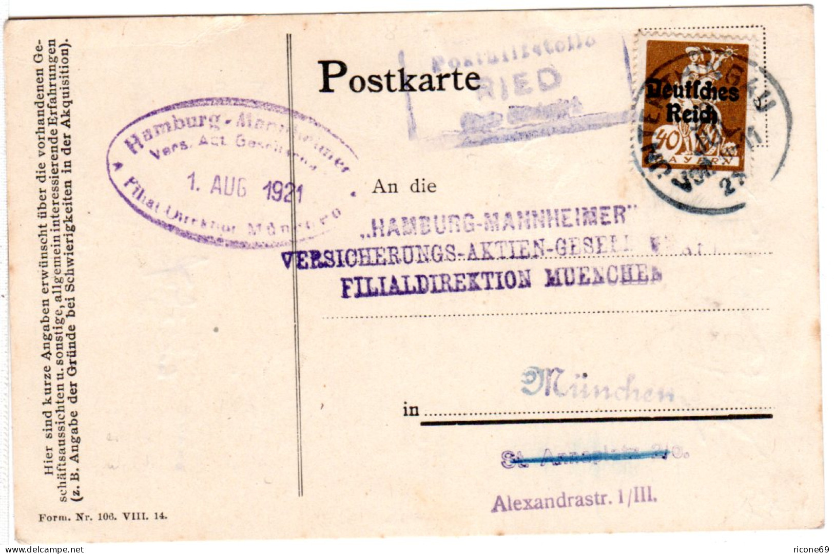 DR 1921, Alter Bayern Stpl. Posthilfstelle RIED Taxe Thingau Auf Karte M. 40 Pf. - Storia Postale