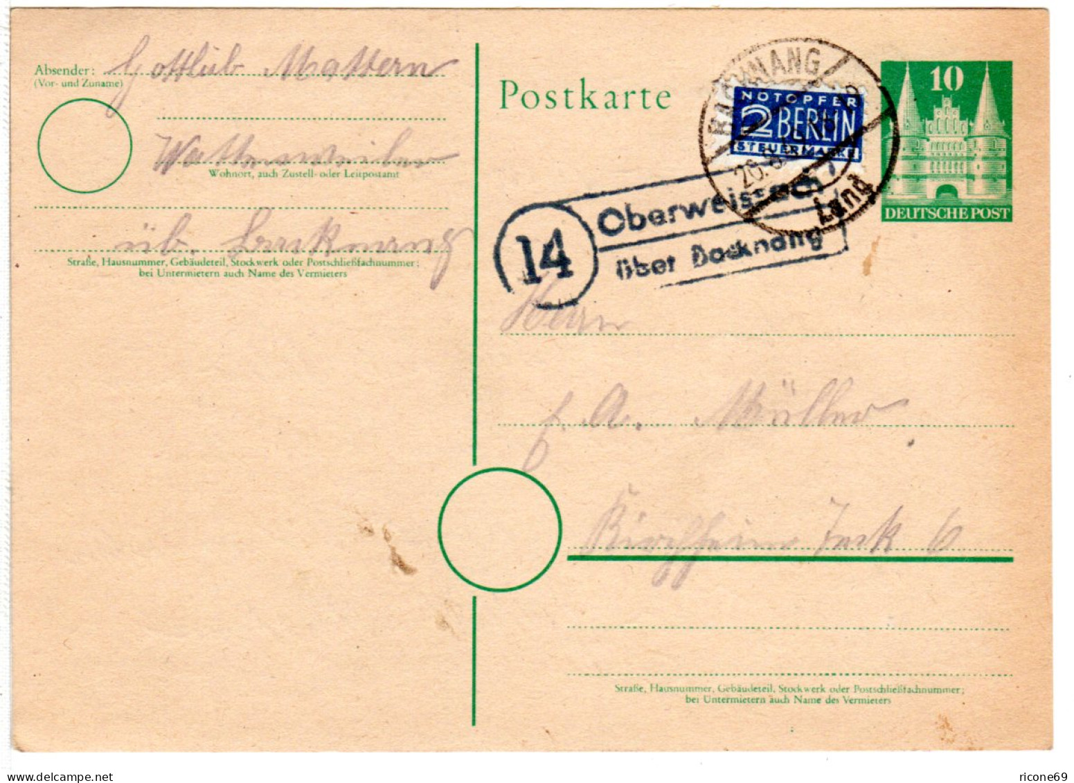 BRD 1949, Landpost Stpl. 14 OBERWEISSACH über Backnang Auf 10 Pf. Ganzsache - Verzamelingen