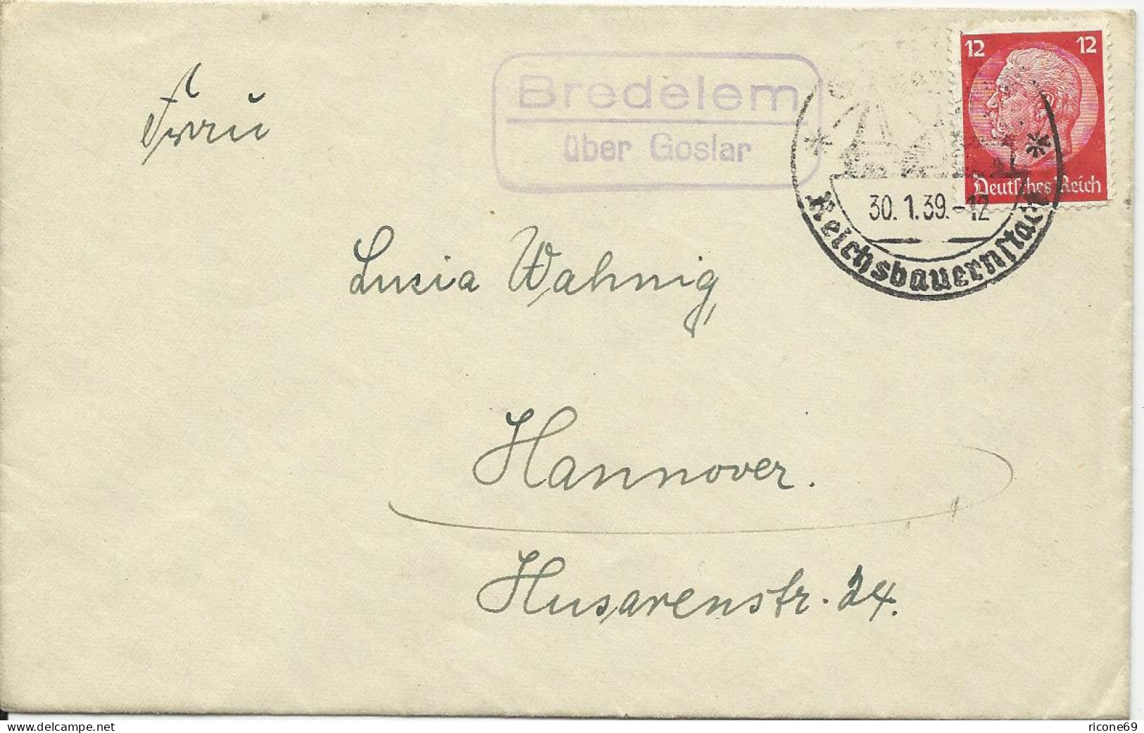 DR 1939, Bredelem über Goslar, Landpost Stempel Auf Brief M. 12 Pf. - Lettres & Documents