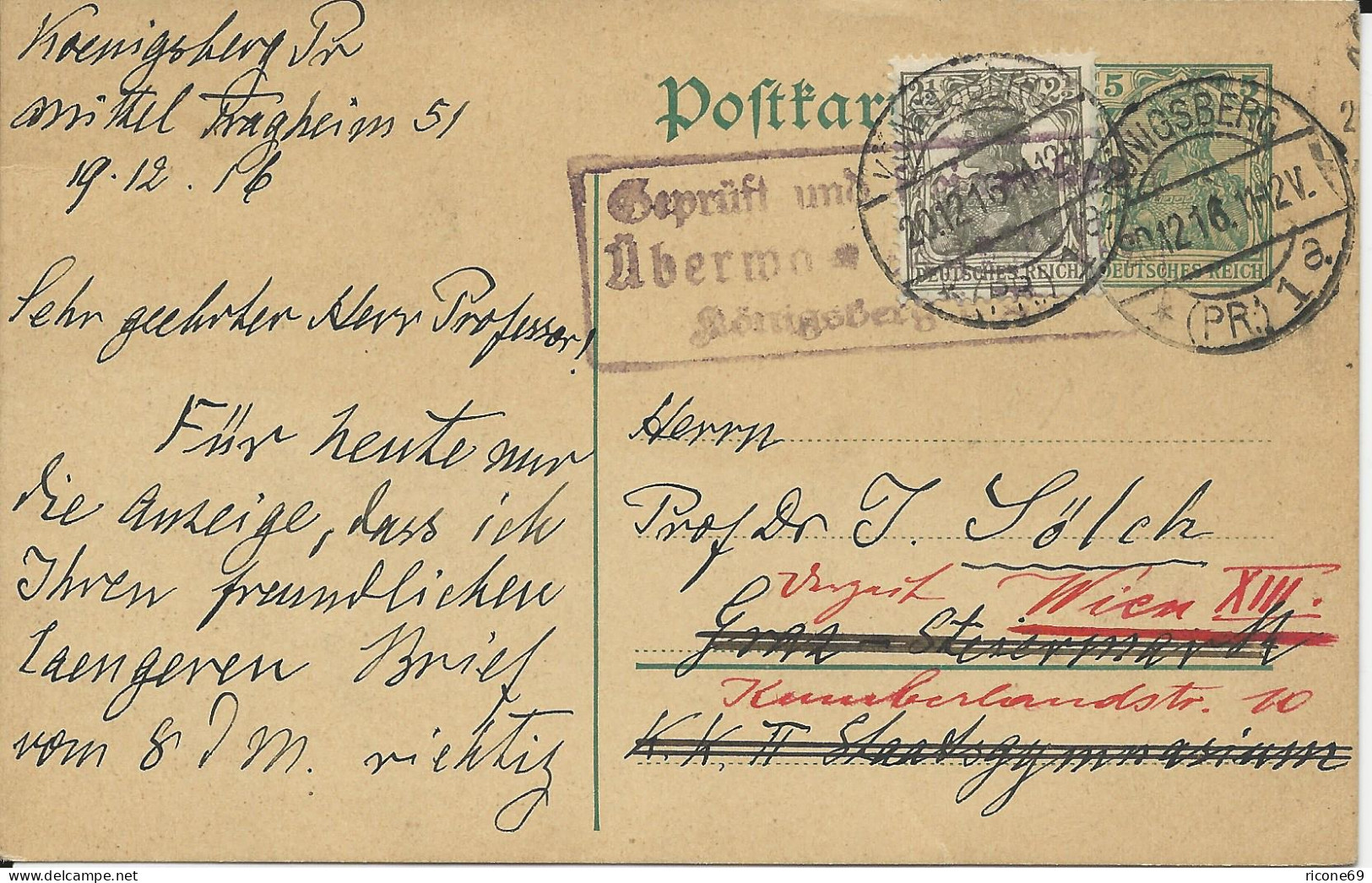 DR 1916, Ganzsache M. Zustzfrankatur V. Königsberg N. Österreich. Zensur. - Brieven En Documenten