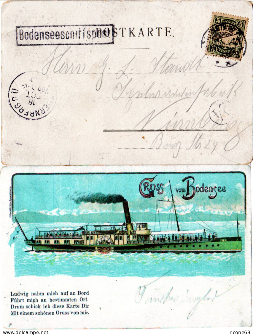Bayern 1900, 5 Pf. Auf Bodenseeschiffspost AK M. DR-Stpl. KONSTANZ - Storia Postale