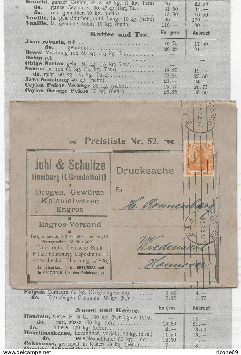 DR 1921, 10 Pf. Auf Reklame Klappkarte M. Mehrseitger Preisliste V. Hamburg  - Lettres & Documents