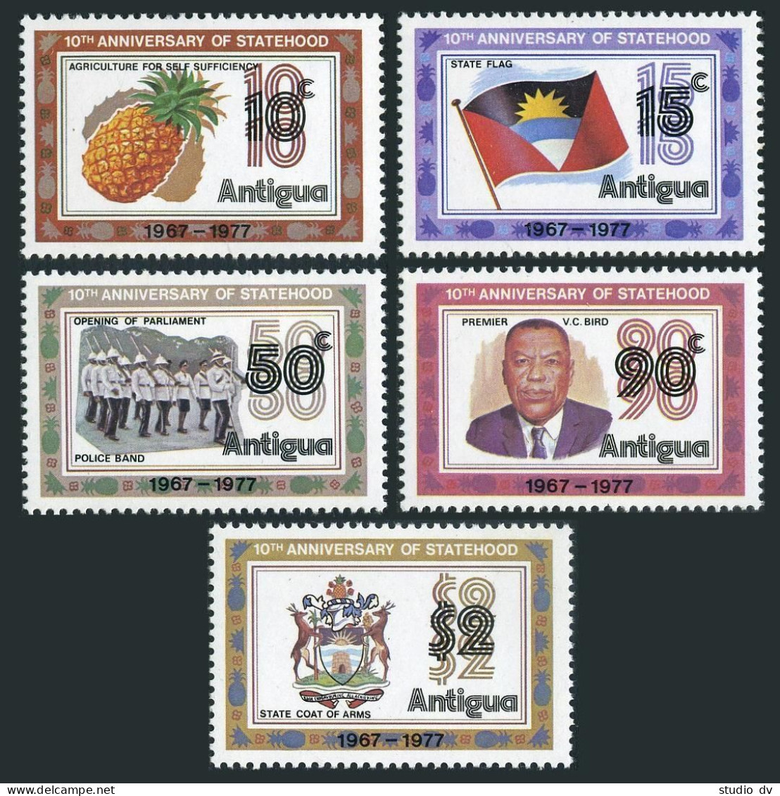 Antigua 490-494,494a Sheet,MNH. Statehood-10,1977.Fruits,Police Band,Y.C.Bird, - Antigua And Barbuda (1981-...)