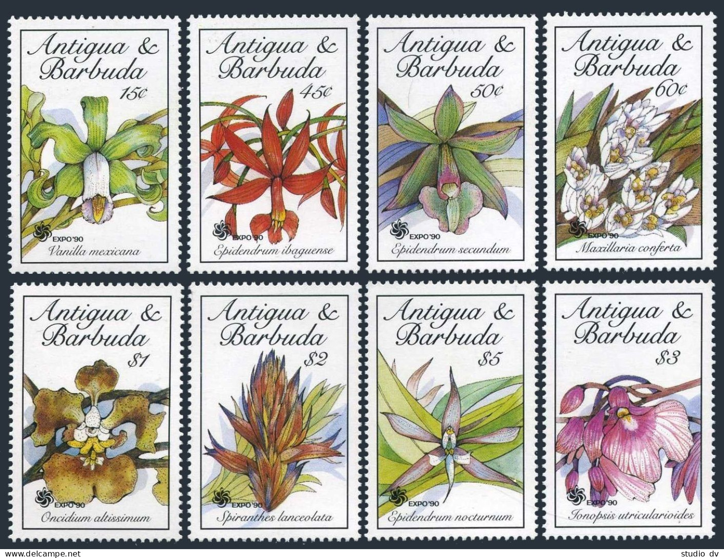Antigua 1285-1292, 1293-1294, MNH. Mi 1330-1337, Bl.175-176. Orchids. EXPO-1990. - Antigua Und Barbuda (1981-...)