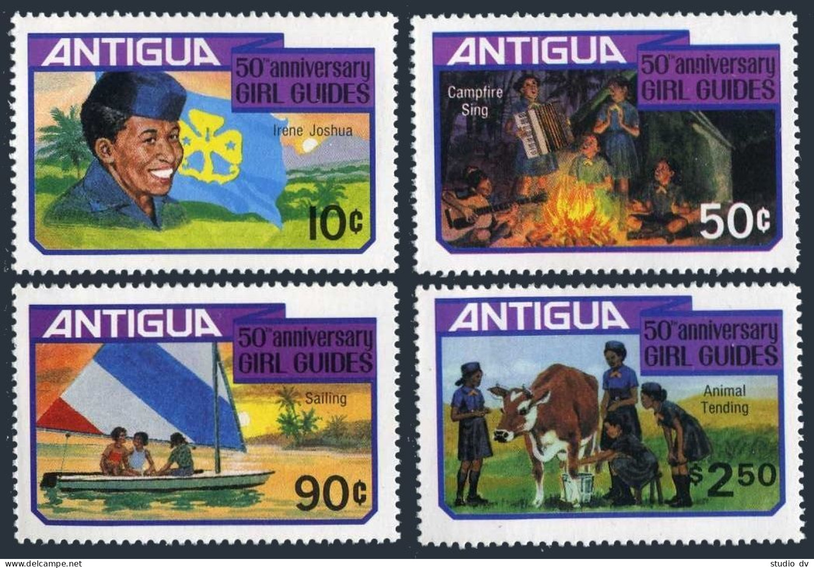 Antigua 628-631,632, MNH. Mi 639-642,Bl.56. Girl Guides-50, 1981. Sail,Cow,Flag. - Antigua And Barbuda (1981-...)