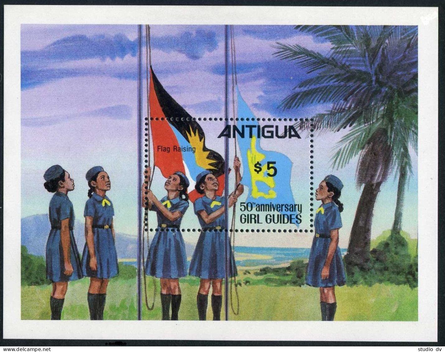 Antigua 628-631,632, MNH. Mi 639-642,Bl.56. Girl Guides-50, 1981. Sail,Cow,Flag. - Antigua Und Barbuda (1981-...)