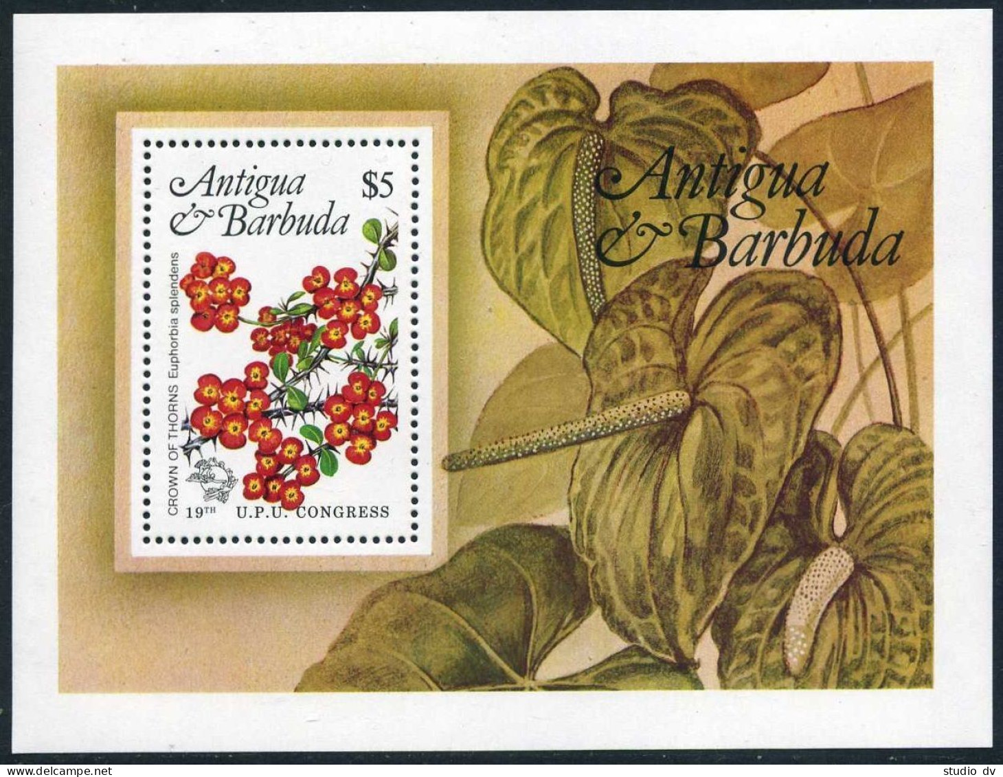 Antigua 759,MNH.Michel 765 Bl.76. 19th Congress UPU-110,1984.Local Flowers. - Antigua Und Barbuda (1981-...)