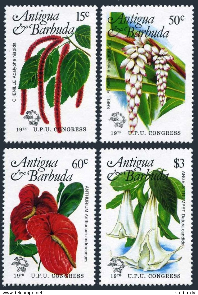 Antigua 755-758,759,MNH.Michel 761-764,765 Bl.76. Congress UPU-110.Local Flowers - Antigua Und Barbuda (1981-...)