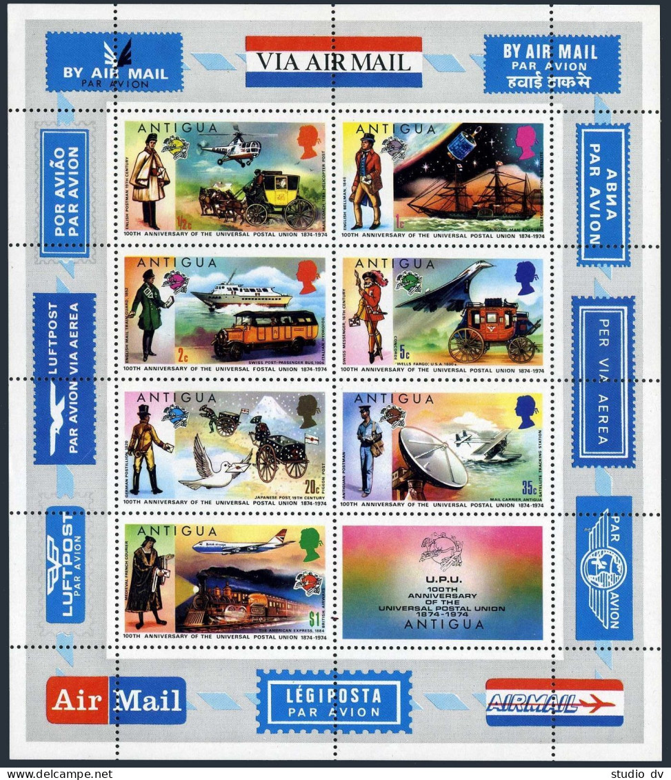 Antigua 340a, MNH. Mi Bl.13. UPU-100, 1974. Mail Transport,Pigeon, Concorde,Bus, - Antigua Und Barbuda (1981-...)