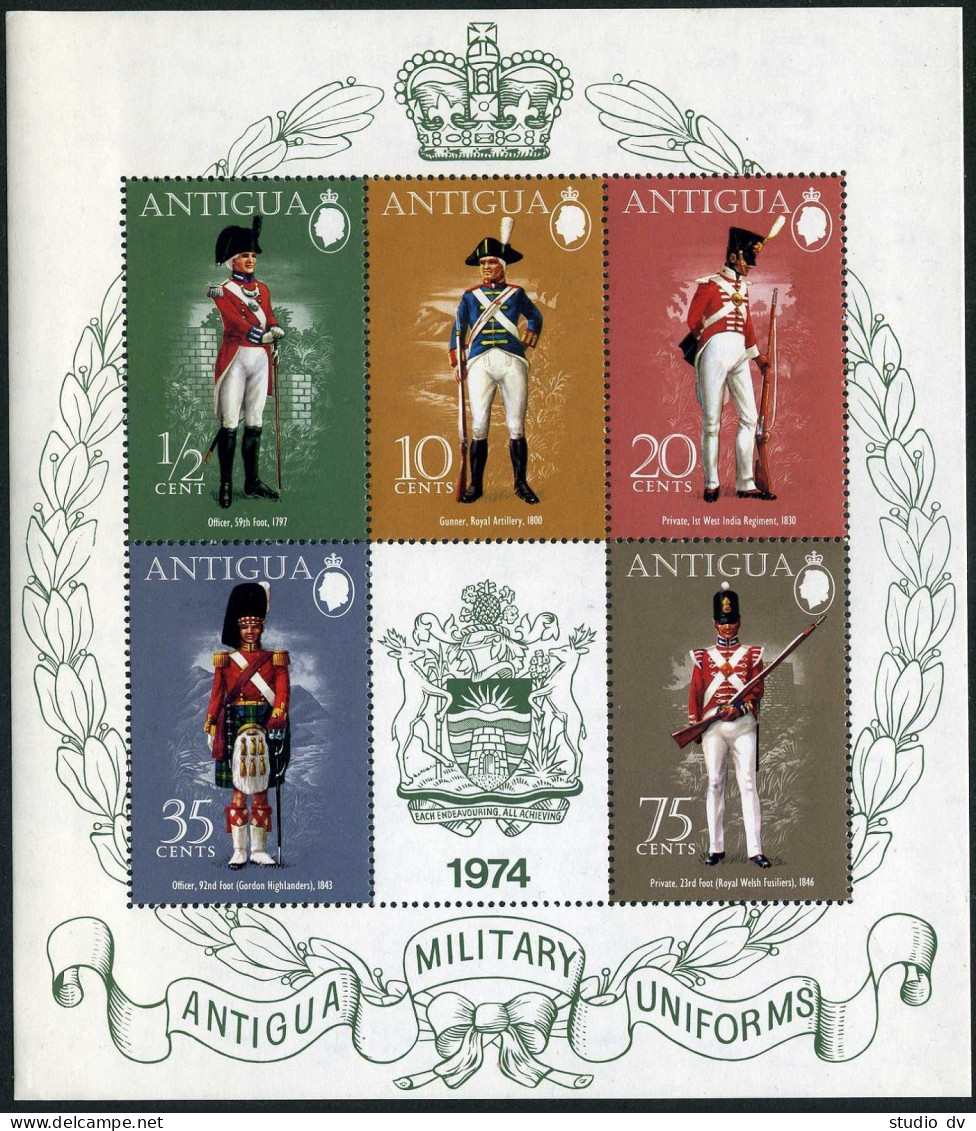Antigua 333a Sheet, MNH. Michel Bl.12. Military Uniforms 1974. Arms. - Antigua Und Barbuda (1981-...)