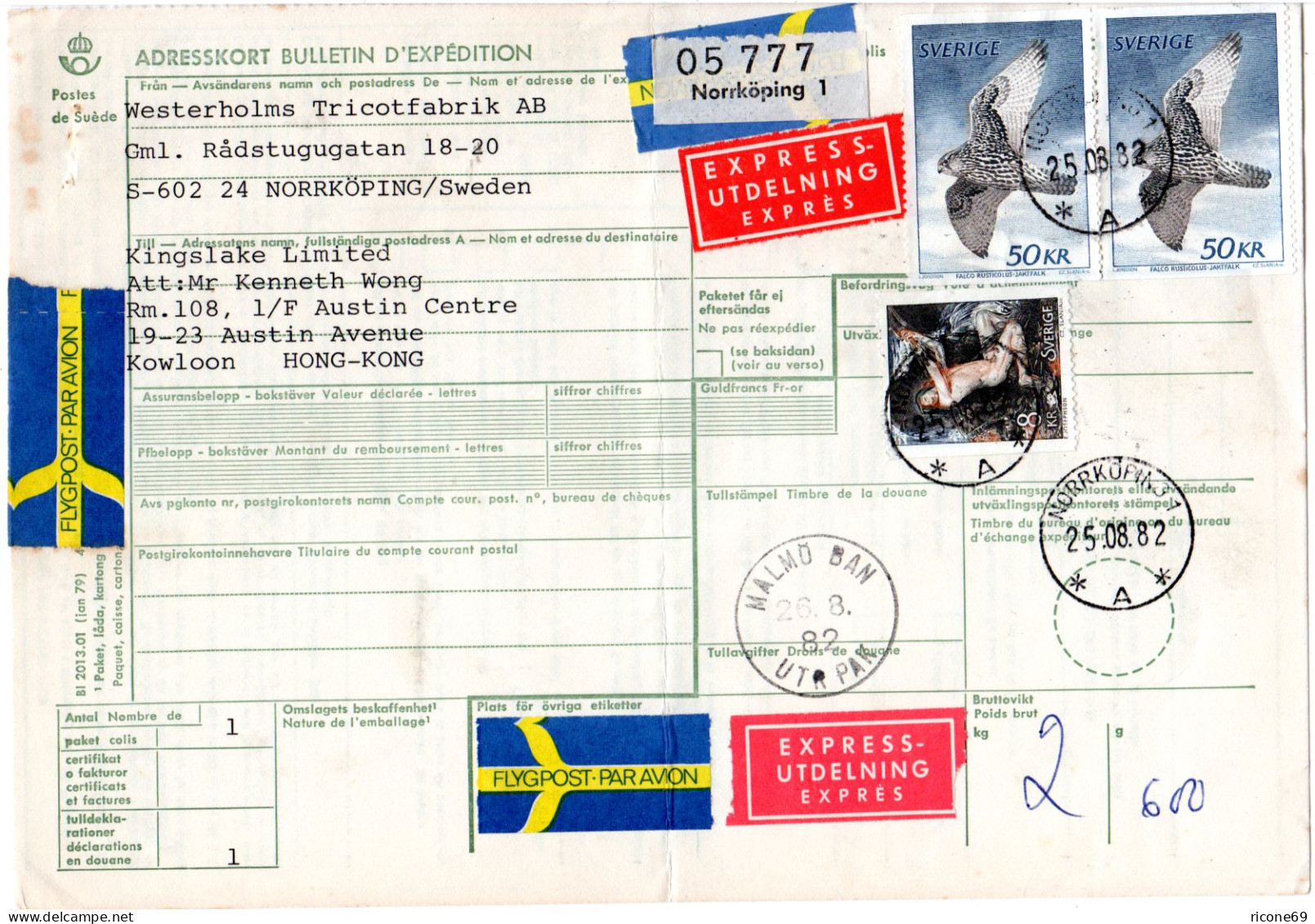 Schweden 1982, Luftpost Express Paketarte M. 3 Marken V. Norrköping N. Hong-Kong - Covers & Documents