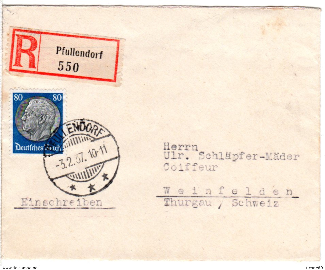 DR 1937, 80 Pf. Hindenburg Auf Einschreiben Brief V. Pfullendorf I.d. Schweiz - Covers & Documents