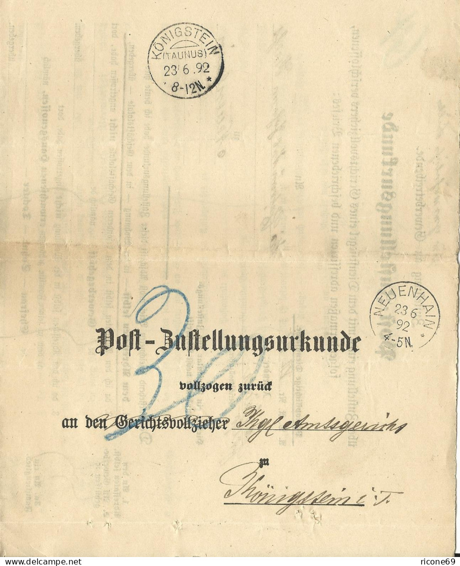 DR 1892, Post Zustellungsurkunde M. Stempel Neuenhain - Covers & Documents