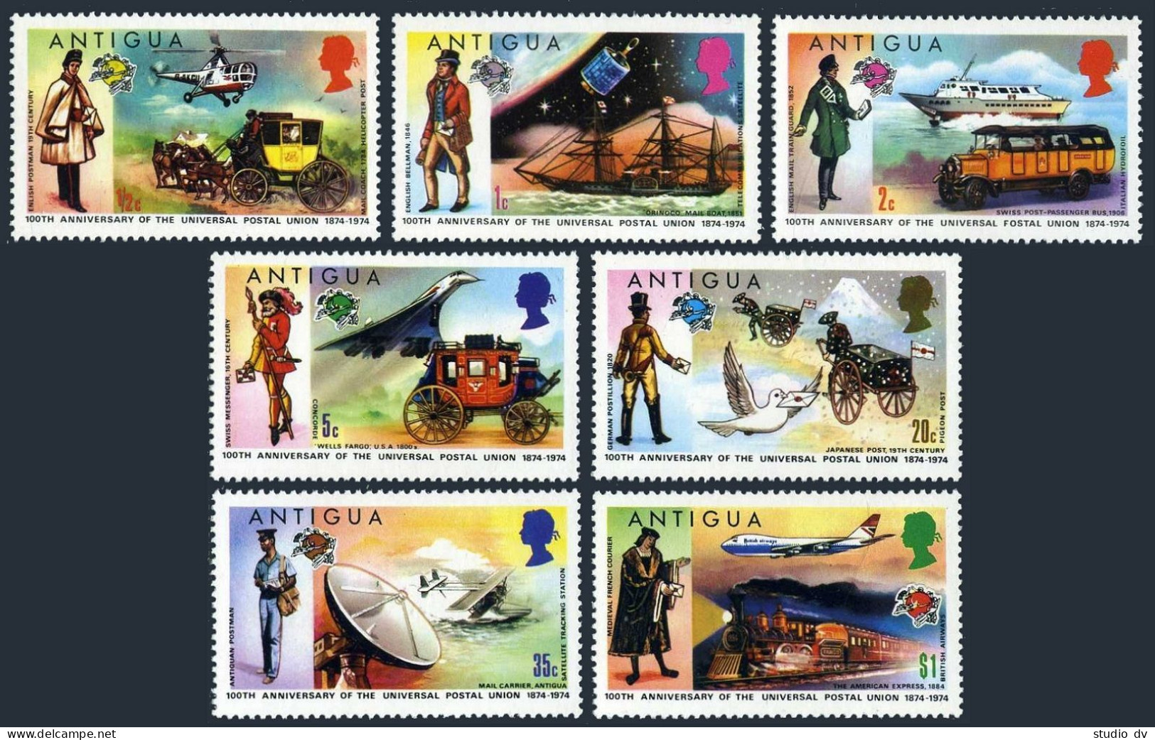 Antigua 334-340, MNH. Mi 323C-329C. UPU-100, 1974. Mailmen, Coach, Helicopter, - Antigua Et Barbuda (1981-...)